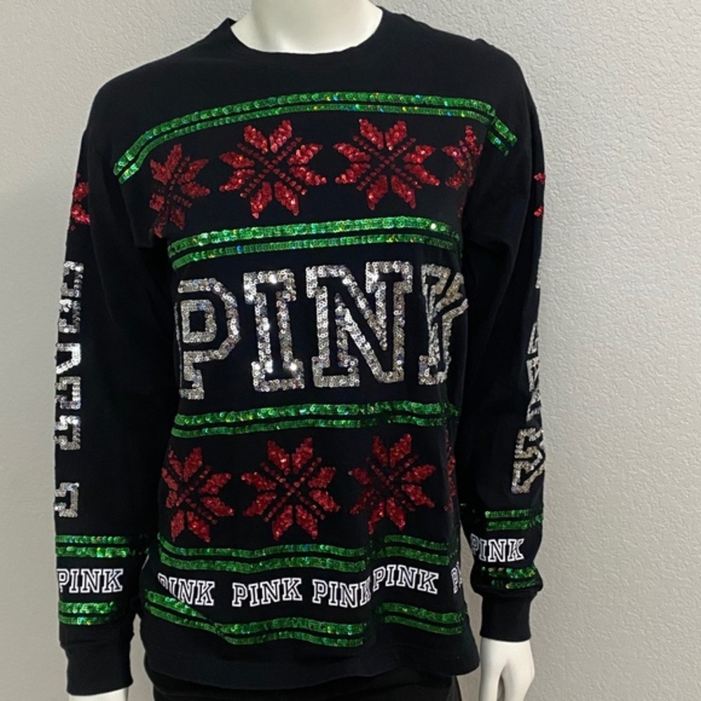 PINK Sequin Christmas Sweatshirt runs big